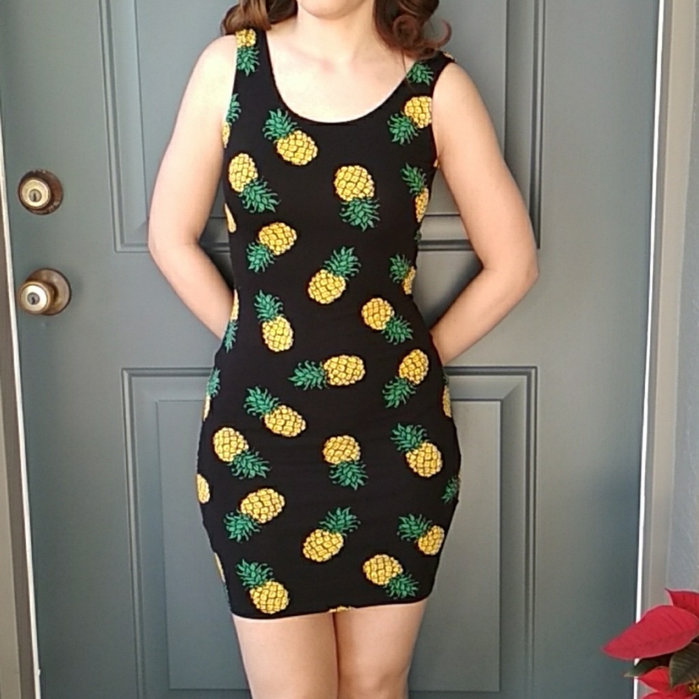Pineapple Print Black Bodycon Dress LBD